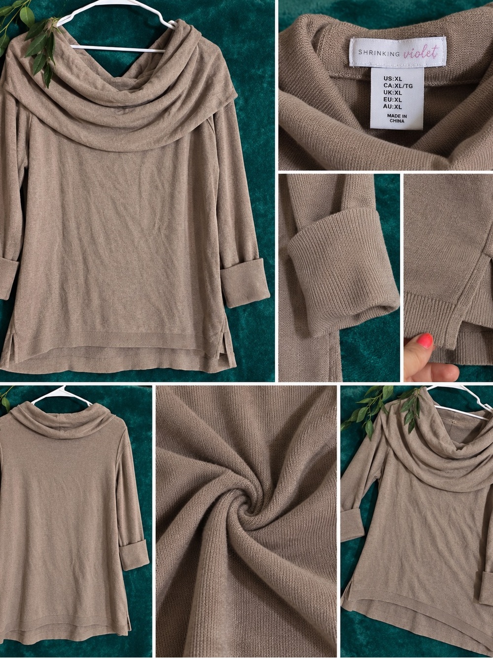 NWOT Shrinking Violet Taupe Cowl Neck Lightweight Sweater